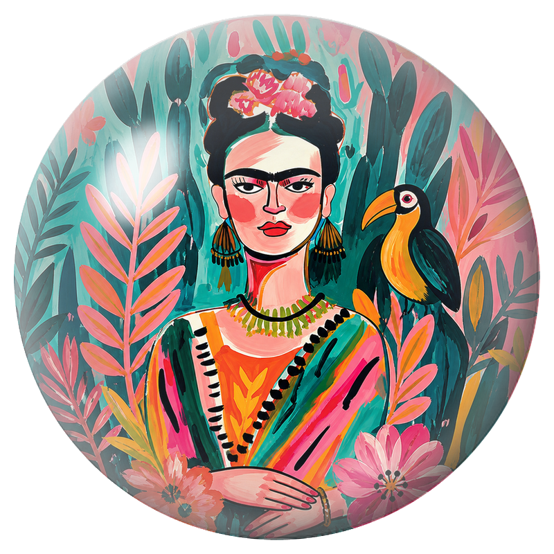 Cabochon en Verre Illustré Frida avec Toucan dans une Jungle Peinte 12 à 25mm