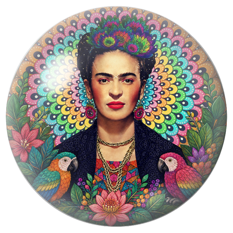 Cabochon en Verre Illustré Frida aux Aras devant un Mandala Coloré 12 à 25mm