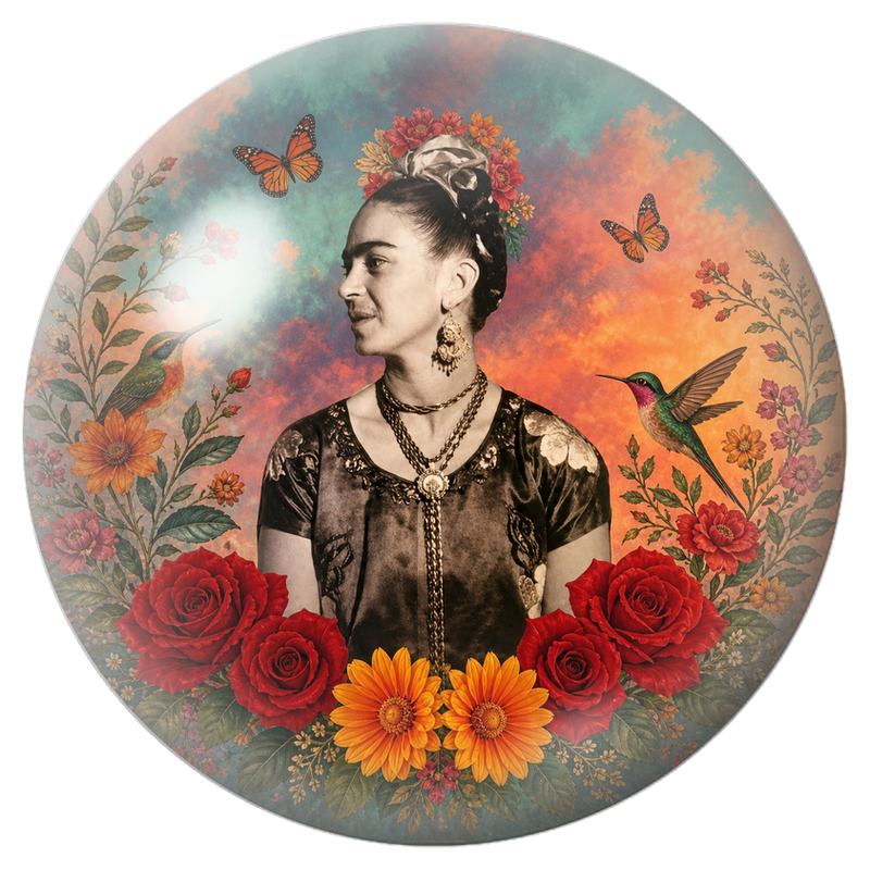 Cabochon en Verre Illustré Frida de Profil aux Colibris et Roses Rouges 12 à 25mm