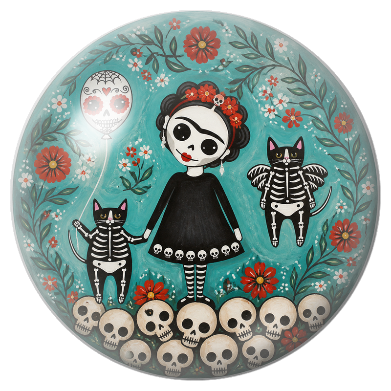 Cabochon en Verre Illustré Frida Squelette avec Chats Catrina 12 à 25mm