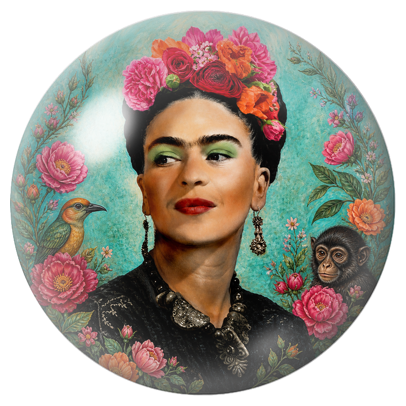 Cabochon en Verre Illustré Frida avec Oiseau et Jeune Singe sur Fond Turquoise 12 à 25mm