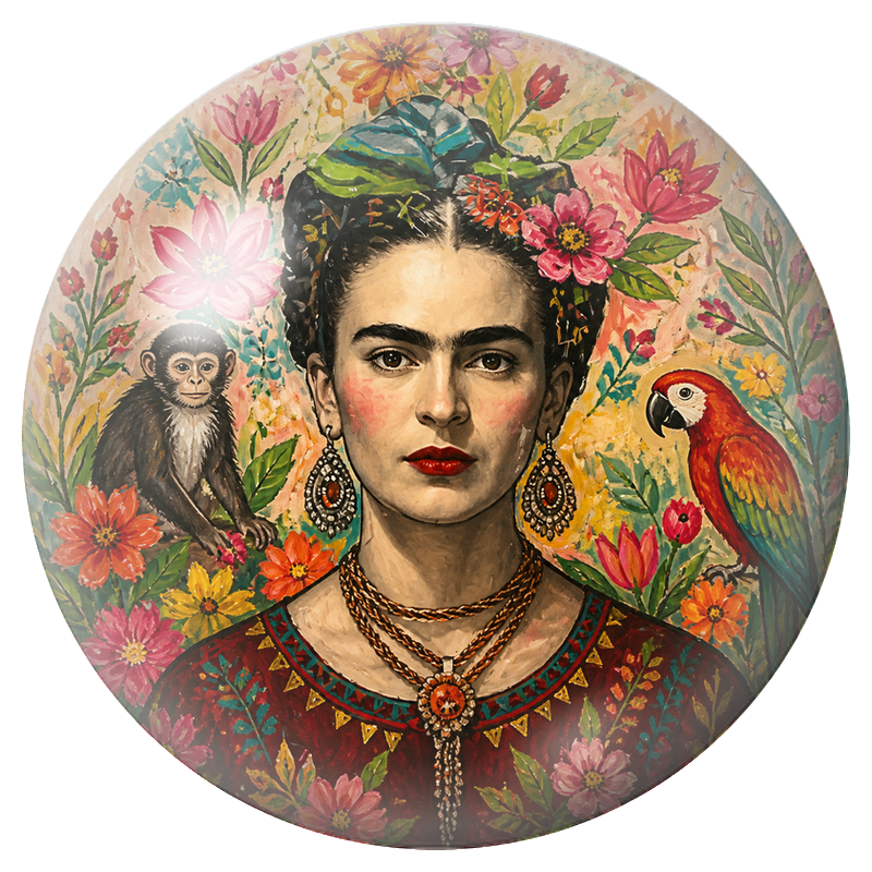 Cabochon en Verre Illustré Frida avec Singe et Ara dans un Jardin Fleuri 12 à 25mm