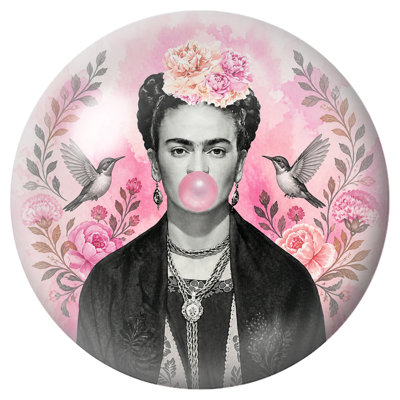 Cabochon en Verre Illustré Frida aux Colibris et Bulle Rose 12 à 25mm