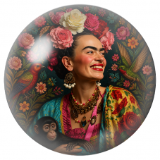 Cabochon en Verre Illustré Frida Souriante avec Singe, Perroquet et Colibri 12 à 25mm pour la Création de Bijoux Fantaisie - DIY