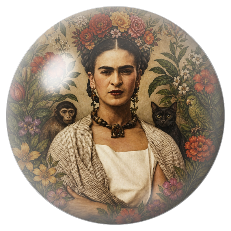Cabochon en Verre Illustré Frida avec Singe, Chat Noir et Perroquet 12 à 25mm