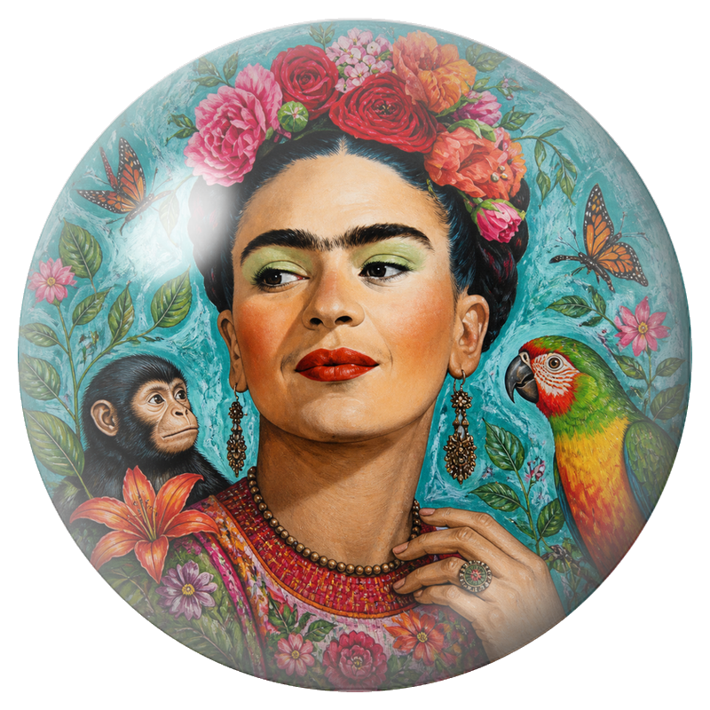 Cabochon en Verre Illustré Frida aux Papillons avec Singe et Ara 12 à 25mm