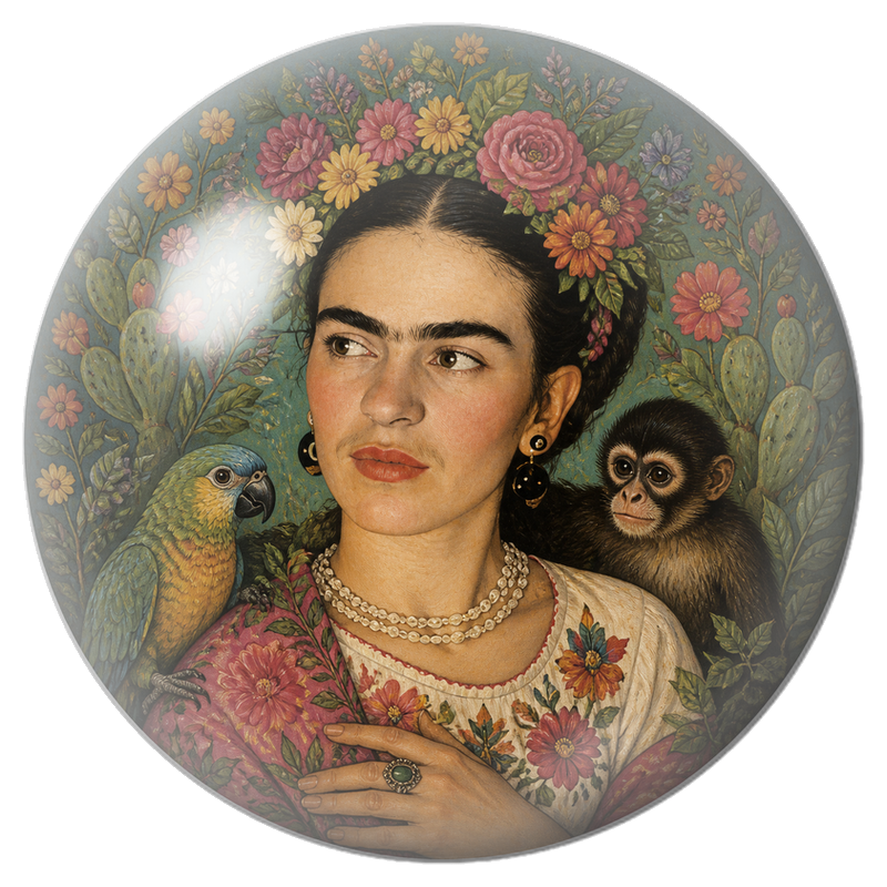 Cabochon en Verre Illustré Frida avec Perroquet et Singe dans un Jardin de Cactus 12 à 25mm