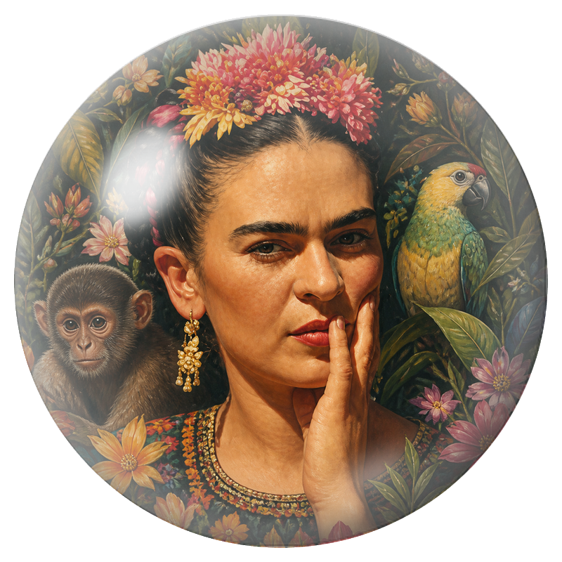 Cabochon en Verre Illustré Frida Songeuse avec Singe et Perroquet 12 à 25mm