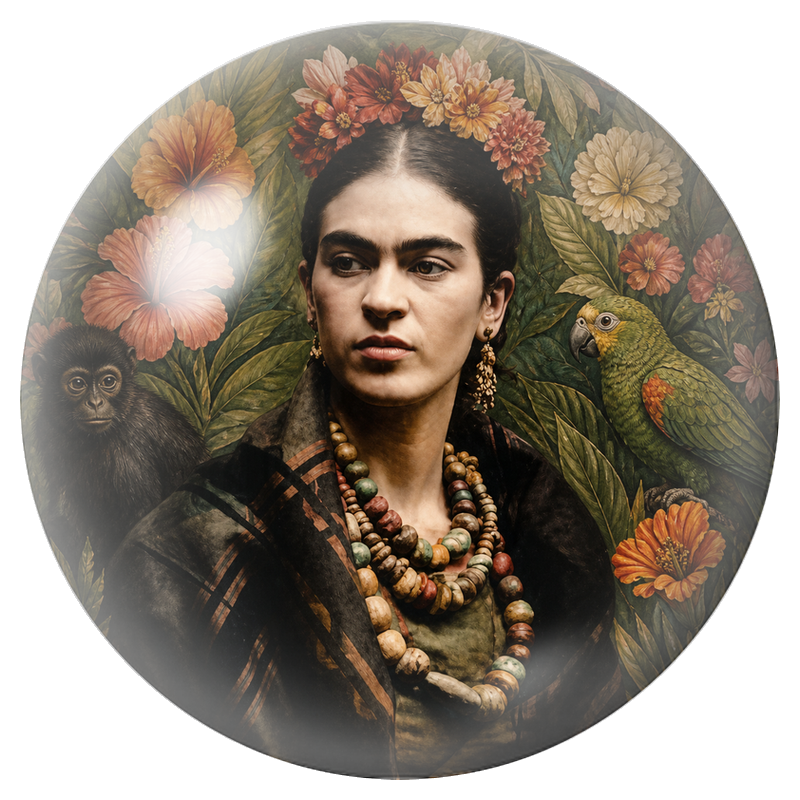 Cabochon en Verre Illustré Frida au Jardin Tropical avec Singe et Perroquet 12 à 25mm
