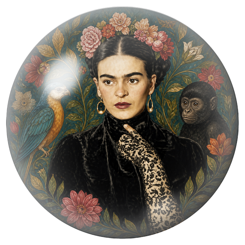 Cabochon en Verre Illustré Frida au Perroquet Bleu et au Singe 12 à 25mm