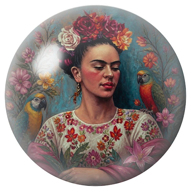 Cabochon en Verre Illustré Frida aux Fleurs avec Deux Perroquets 12 à 25mm