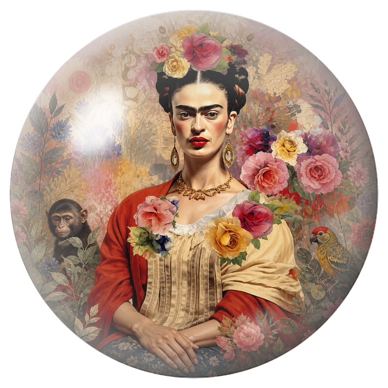 Cabochon en Verre Illustré Frida Assise dans un Jardin de Roses 12 à 25mm