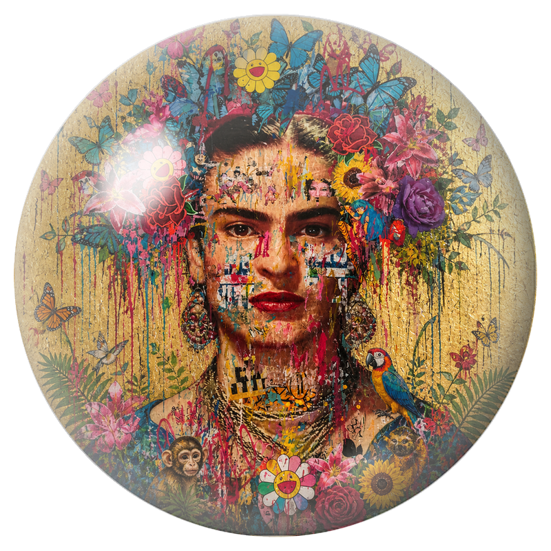 Cabochon en Verre Illustré Frida en Collage Floral avec Papillons et Perroquet 12 à 25mm