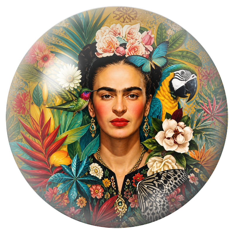 Cabochon en Verre Illustré Frida Tropicale avec Colibri, Perroquet et Papillon 12 à 25mm