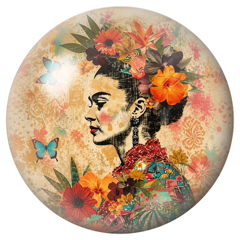 Cabochon en Verre Illustré Frida de Profil au Jardin de Fleurs Orange 12 à 25mm
