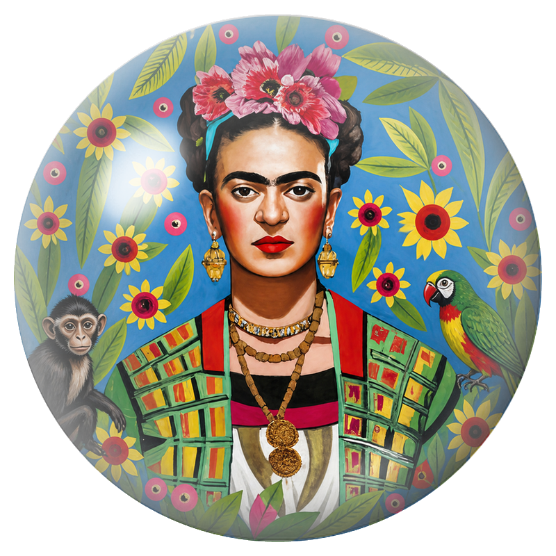 Cabochon en Verre Illustré Frida au Singe et au Perroquet dans les Tournesols 12 à 25mm