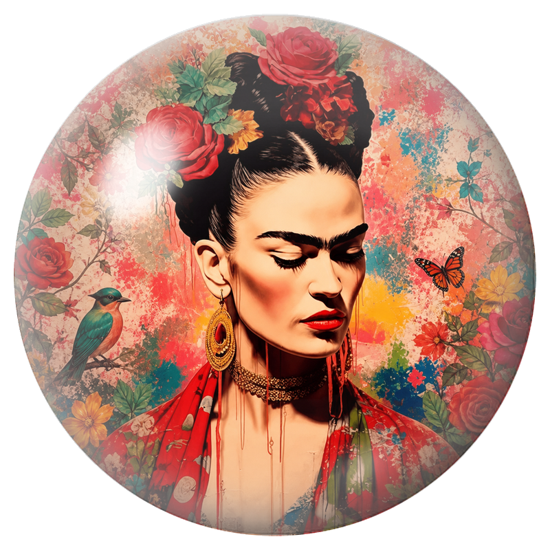 Cabochon en Verre Illustré Frida au Regard Baissé avec Oiseau et Papillon 12 à 25mm