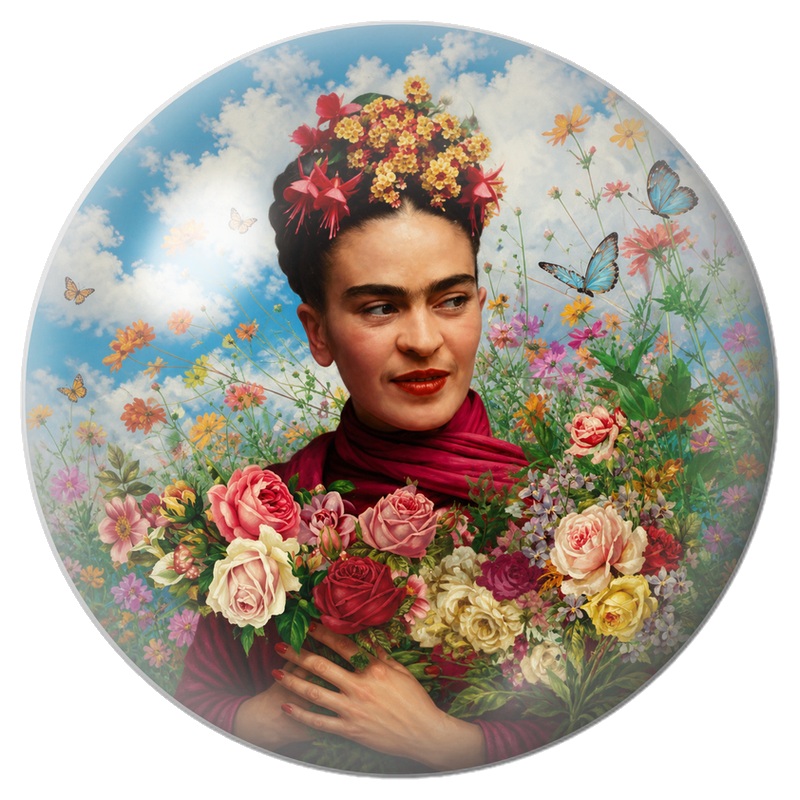 Cabochon en Verre Illustré Frida au Bouquet de Roses dans un Jardin Fleuri 12 à 25mm