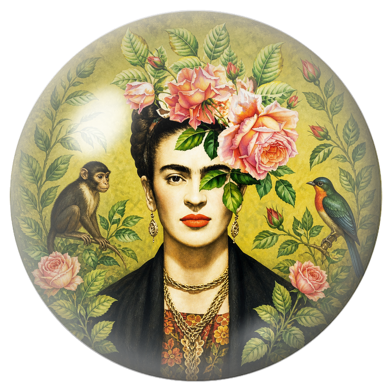 Cabochon en Verre Illustré Frida au Singe et à l’Oiseau dans les Roses 12 à 25mm