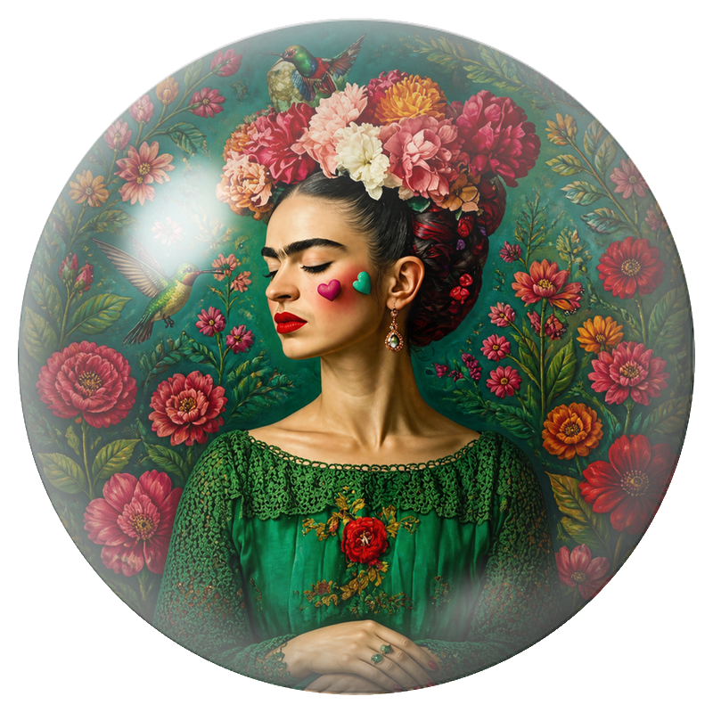 Cabochon en Verre Illustré Frida au Cœur dans un Jardin de Colibris 12 à 25mm