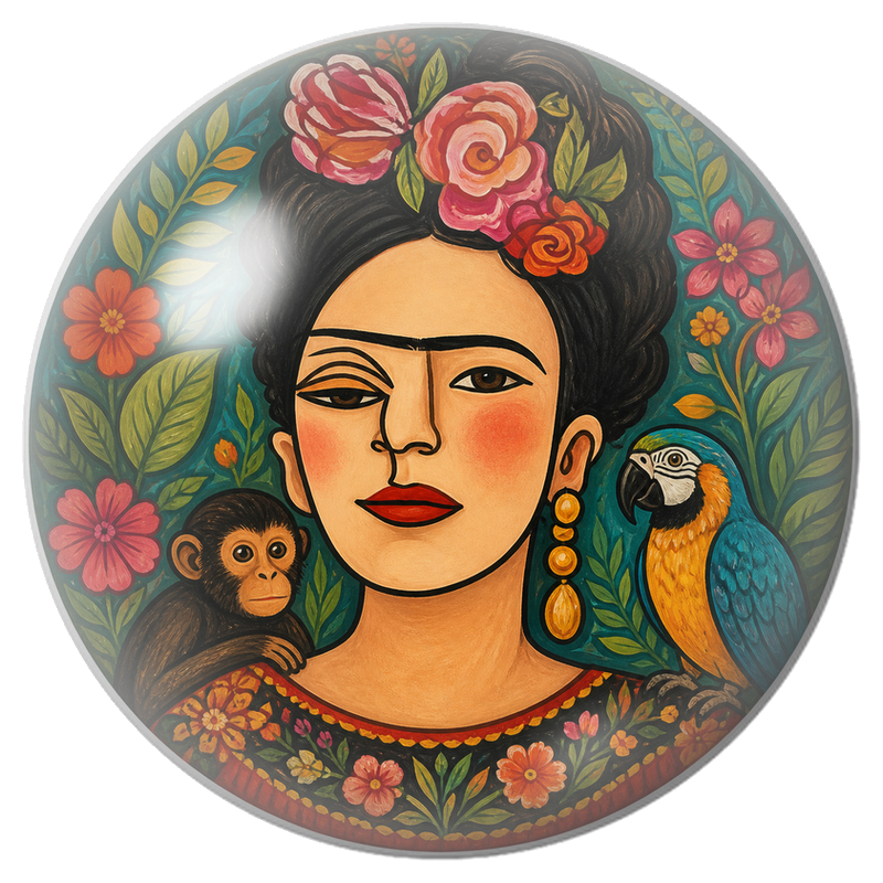 Cabochon en Verre Illustré Frida au Singe et au Perroquet dans un Jardin Peint 12 à 25mm