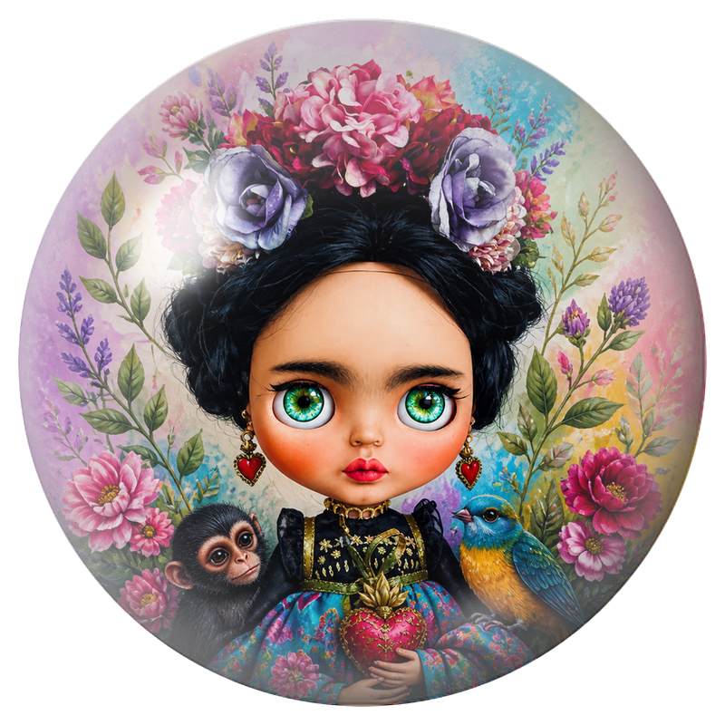 Cabochon en Verre Illustré Frida Kawaii au Singe et à l’Oiseau 12 à 25mm