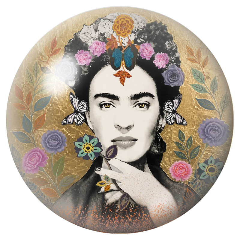 Cabochon en Verre Illustré Frida au Papillon Bleu et aux Roses Violettes 12 à 25mm