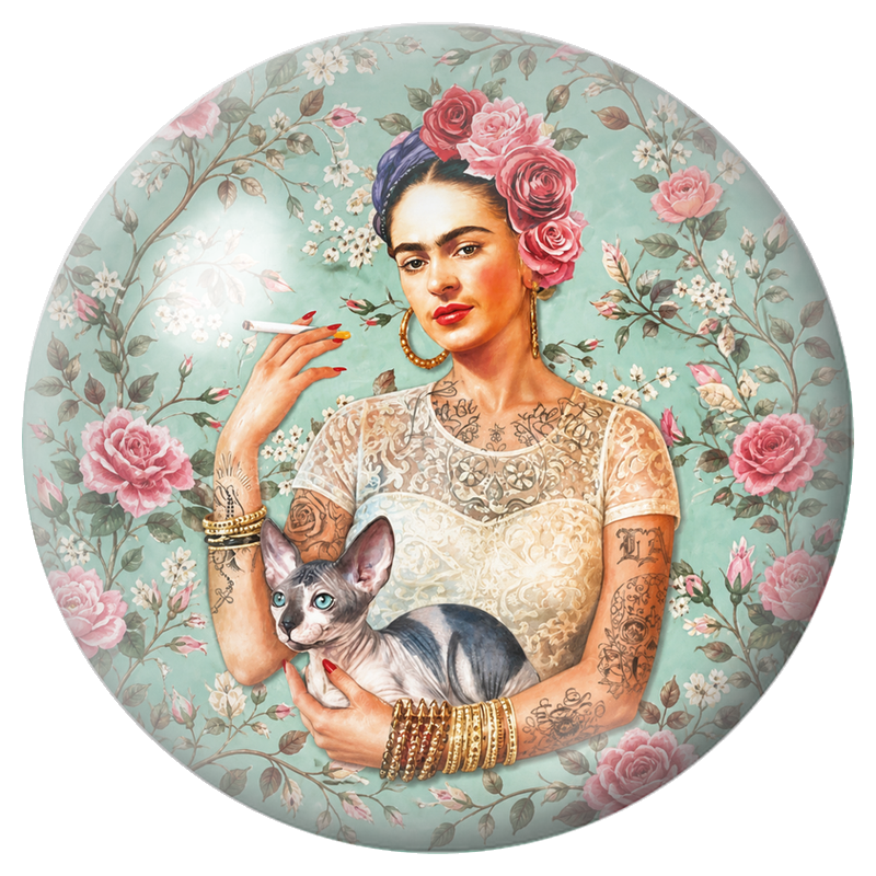 Cabochon en Verre Illustré Frida au Chat Sphynx dans un Jardin de Roses 12 à 25mm