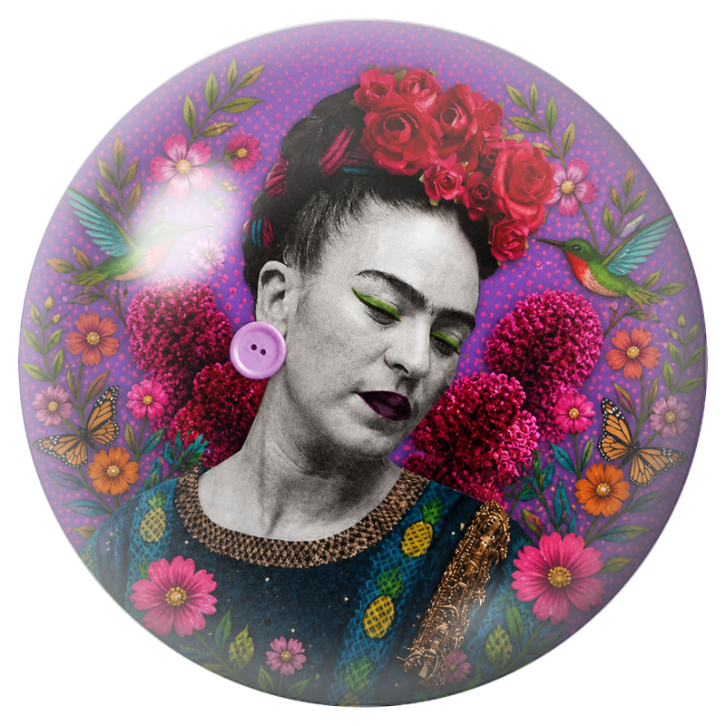 Cabochon en Verre Illustré Frida aux Colibris et aux Papillons sur Fond Violet 12 à 25mm