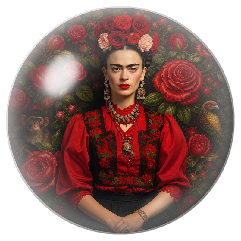 Cabochon en Verre Illustré Frida en Rouge dans un Jardin de Roses 12 à 25mm