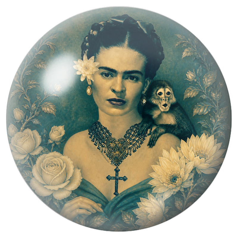 Cabochon en Verre Illustré Frida au Singe dans un Jardin Sépia 12 à 25mm