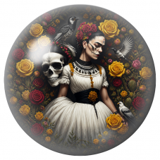 Cabochon en Verre Illustré Frida Catrina aux Roses Jaunes et aux Corbeaux 12 à 25mm pour la Création de Bijoux Fantaisie - DIY