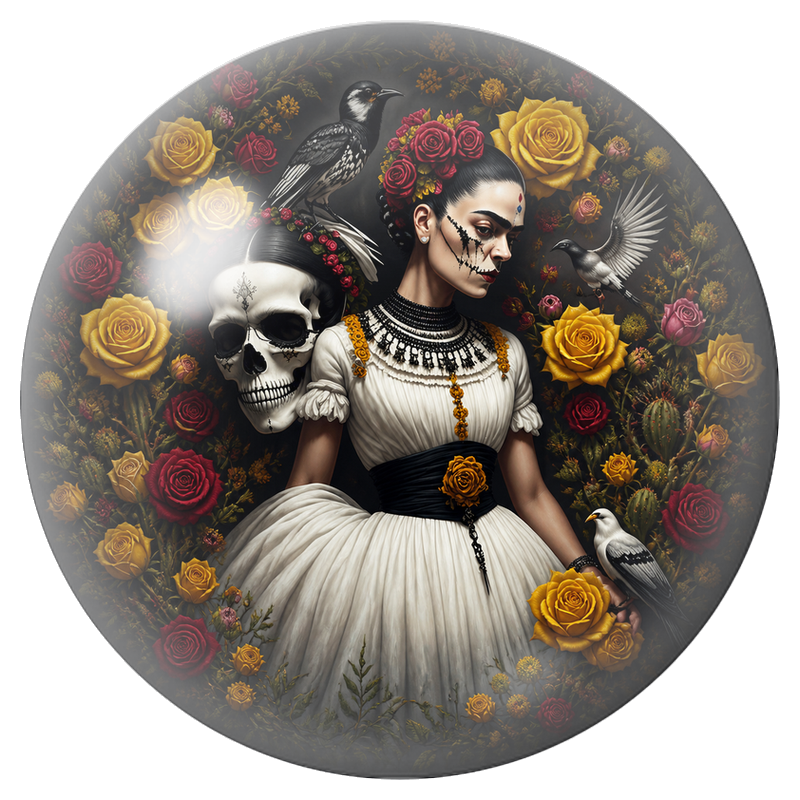 Cabochon en Verre Illustré Frida Catrina aux Roses Jaunes et aux Corbeaux 12 à 25mm