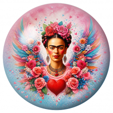 Cabochon en Verre Illustré Frida au Cœur Rouge et aux Plumes Colorées 12 à 25mm pour la Création de Bijoux Fantaisie - DIY