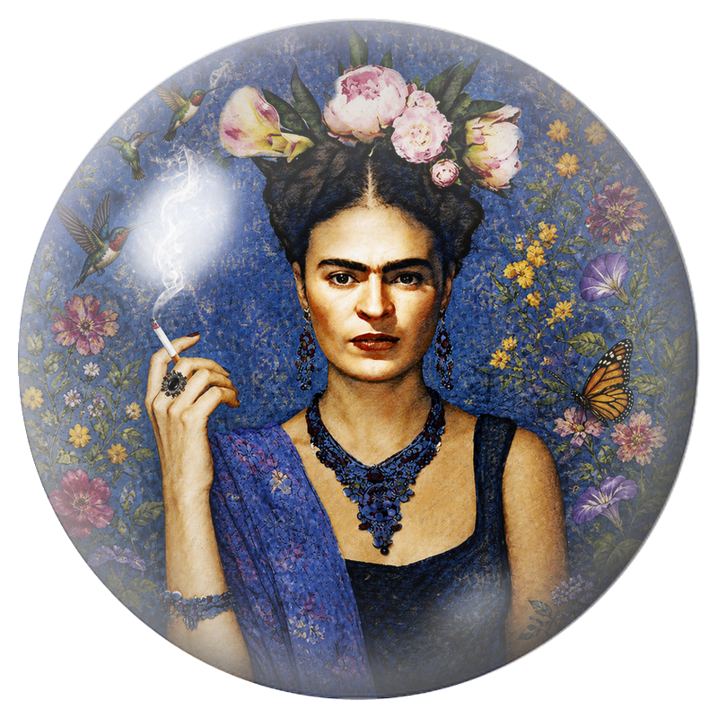 Cabochon en Verre Illustré Frida à la Cigarette parmi les Colibris 12 à 25mm