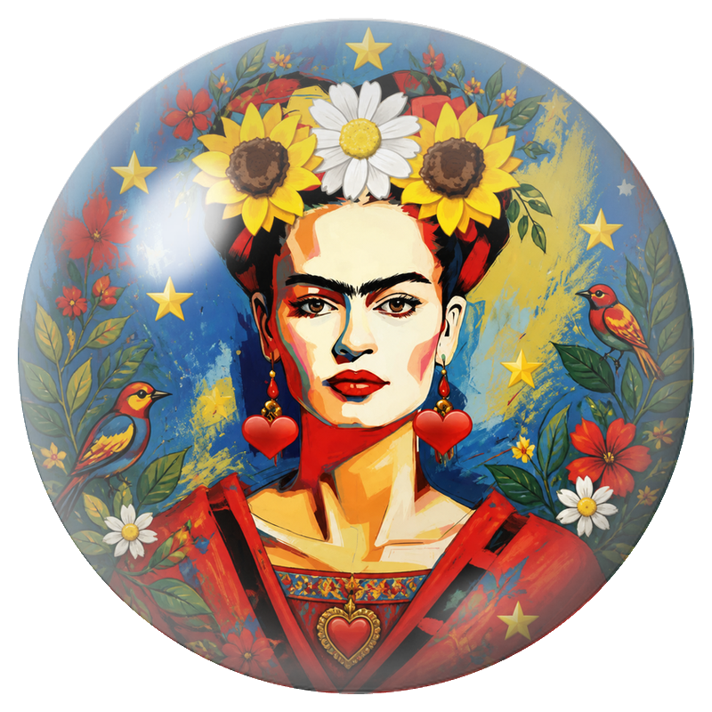 Cabochon en Verre Illustré Frida aux Tournesols et aux Oiseaux sous les Étoiles 12 à 25mm