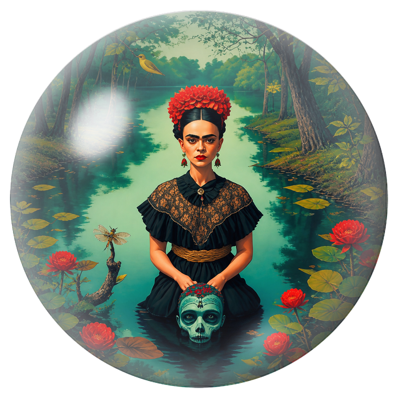 Cabochon en Verre Illustré Frida au Lac avec un Crâne Fleuri 12 à 25mm