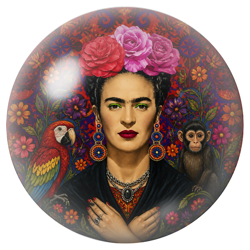 Cabochon en Verre Illustré Frida aux Roses avec Perroquet et Singe 12 à 25mm
