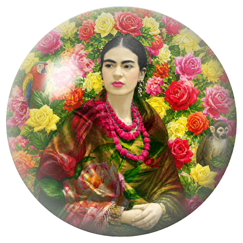 Cabochon en Verre Illustré Frida au Perroquet et au Singe dans un Jardin de Roses 12 à 25mm