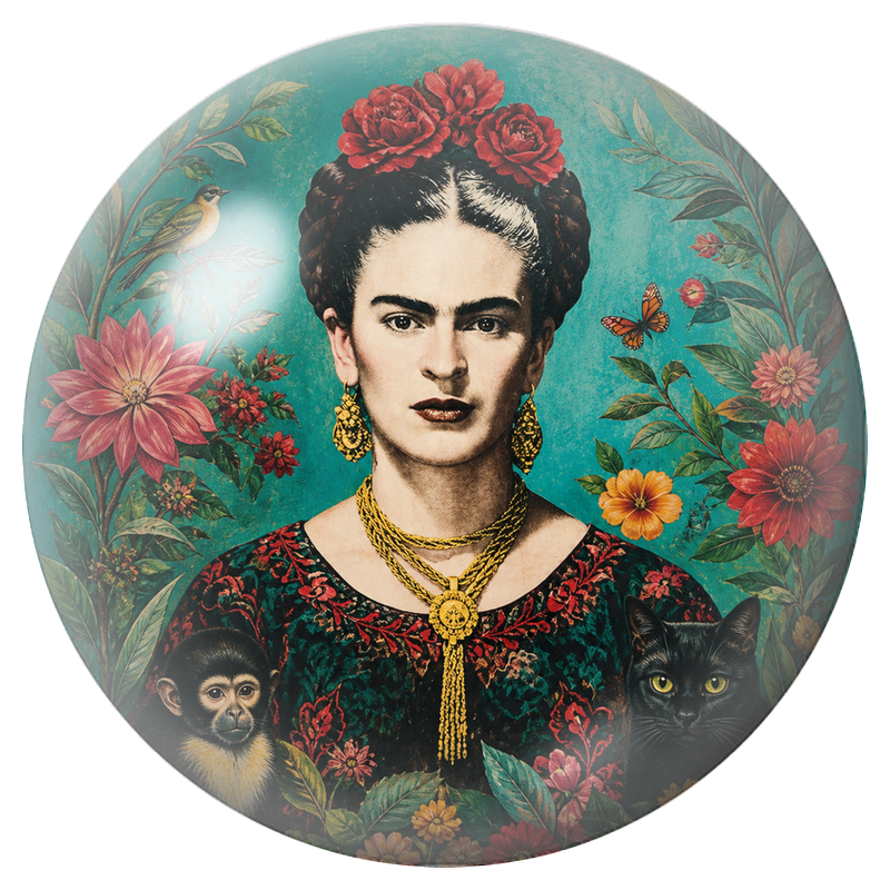 Cabochon en Verre Illustré Frida aux Roses avec Singe et Chat Noir 12 à 25mm