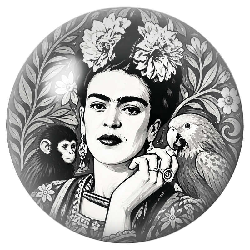 Cabochon en Verre Illustré Frida en Portrait Monochrome avec Singe et Perroquet 12 à 25mm