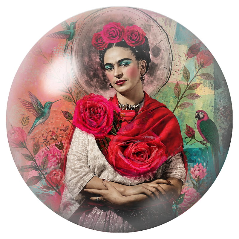 Cabochon en Verre Illustré Frida aux Roses avec Colibris et Perroquet 12 à 25mm