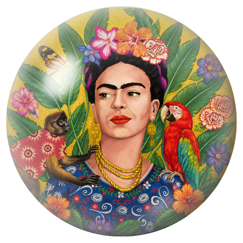 Cabochon en Verre Illustré Frida au Singe et au Perroquet dans un Jardin Tropical 12 à 25mm