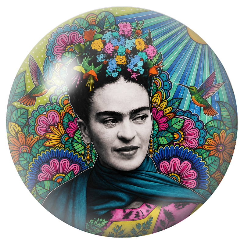 Cabochon en Verre Illustré Frida au Châle Bleu avec Deux Colibris 12 à 25mm