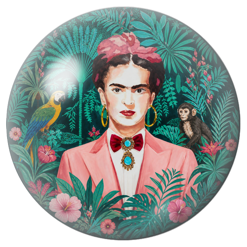 Cabochon en Verre Illustré Frida en Costume Rose avec Perroquet et Singe 12 à 25mm