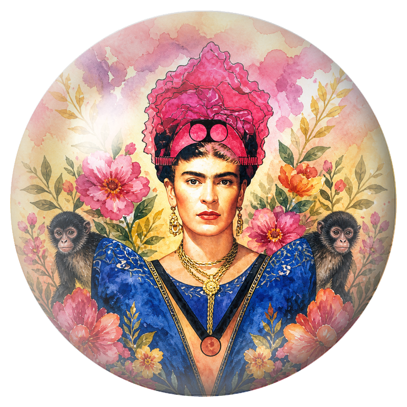 Cabochon en Verre Illustré Frida au Singe dans un Jardin Aquarelle 12 à 25mm