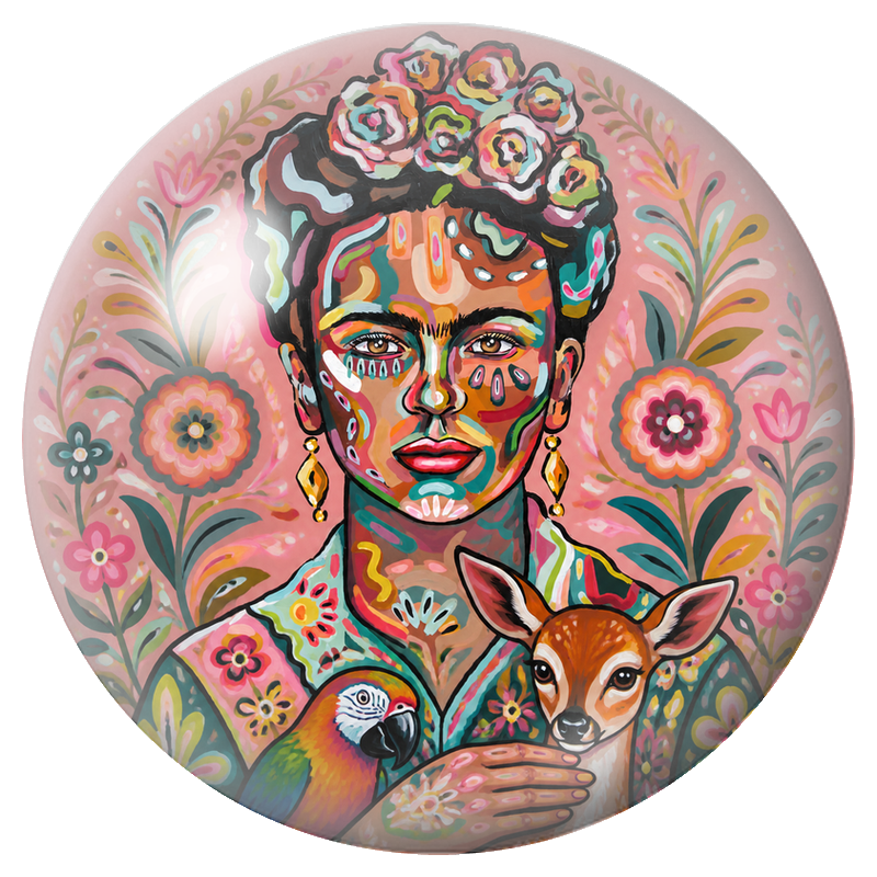 Cabochon en Verre Illustré Frida Colorée au Perroquet et au Faon 12 à 25mm