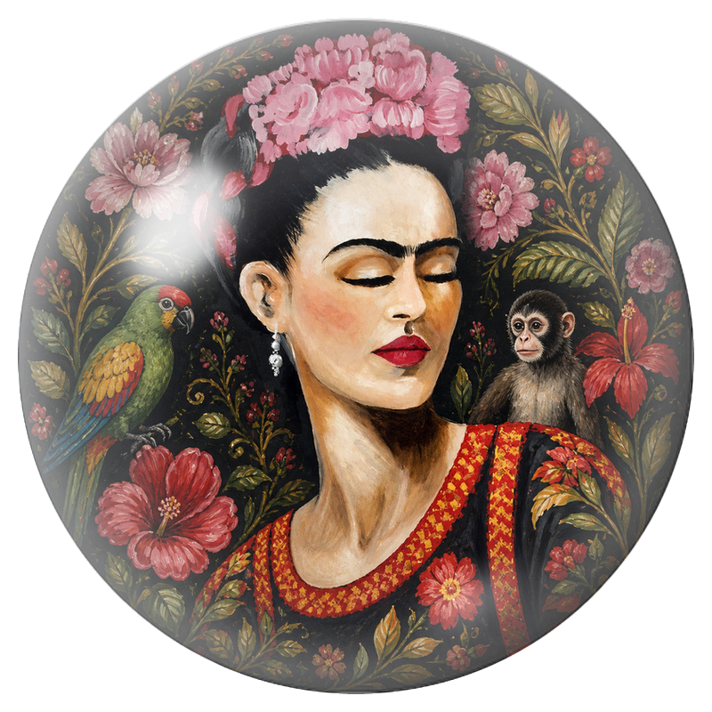 Cabochon en Verre Illustré Frida au Perroquet et au Singe dans un Jardin Sombre 12 à 25mm