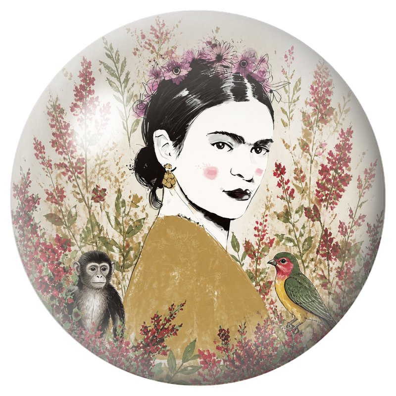 Cabochon en Verre Illustré Frida au Singe et à l’Oiseau dans un Jardin Aquarelle 12 à 25mm