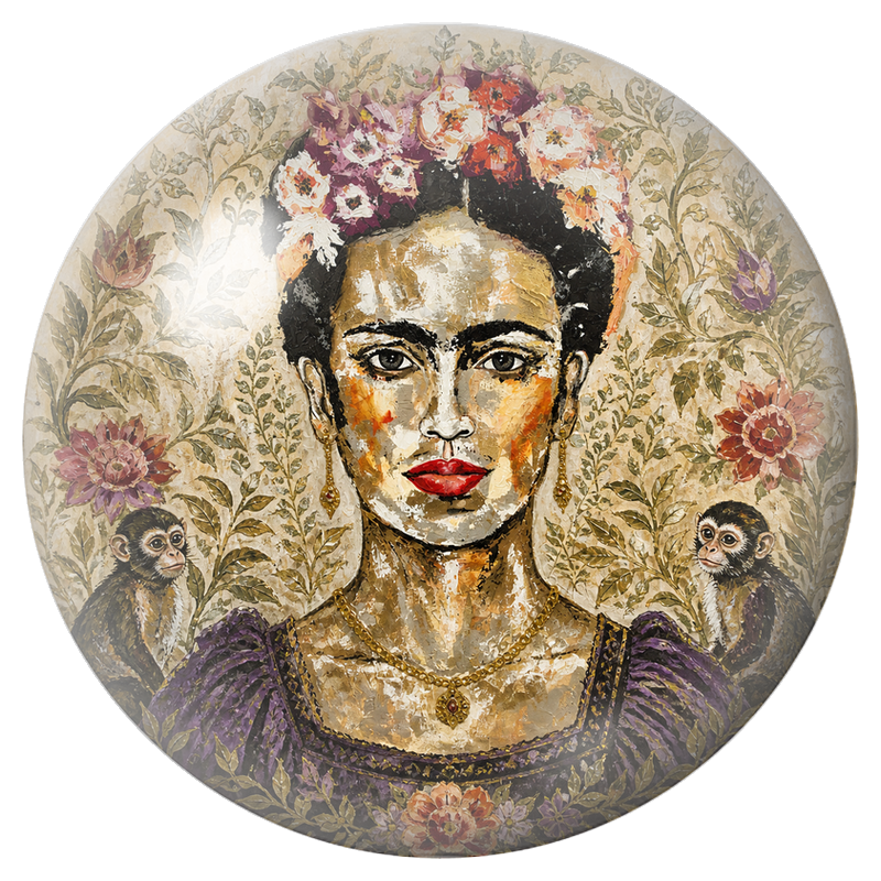 Cabochon en Verre Illustré Frida au Singe dans un Jardin Doré 12 à 25mm